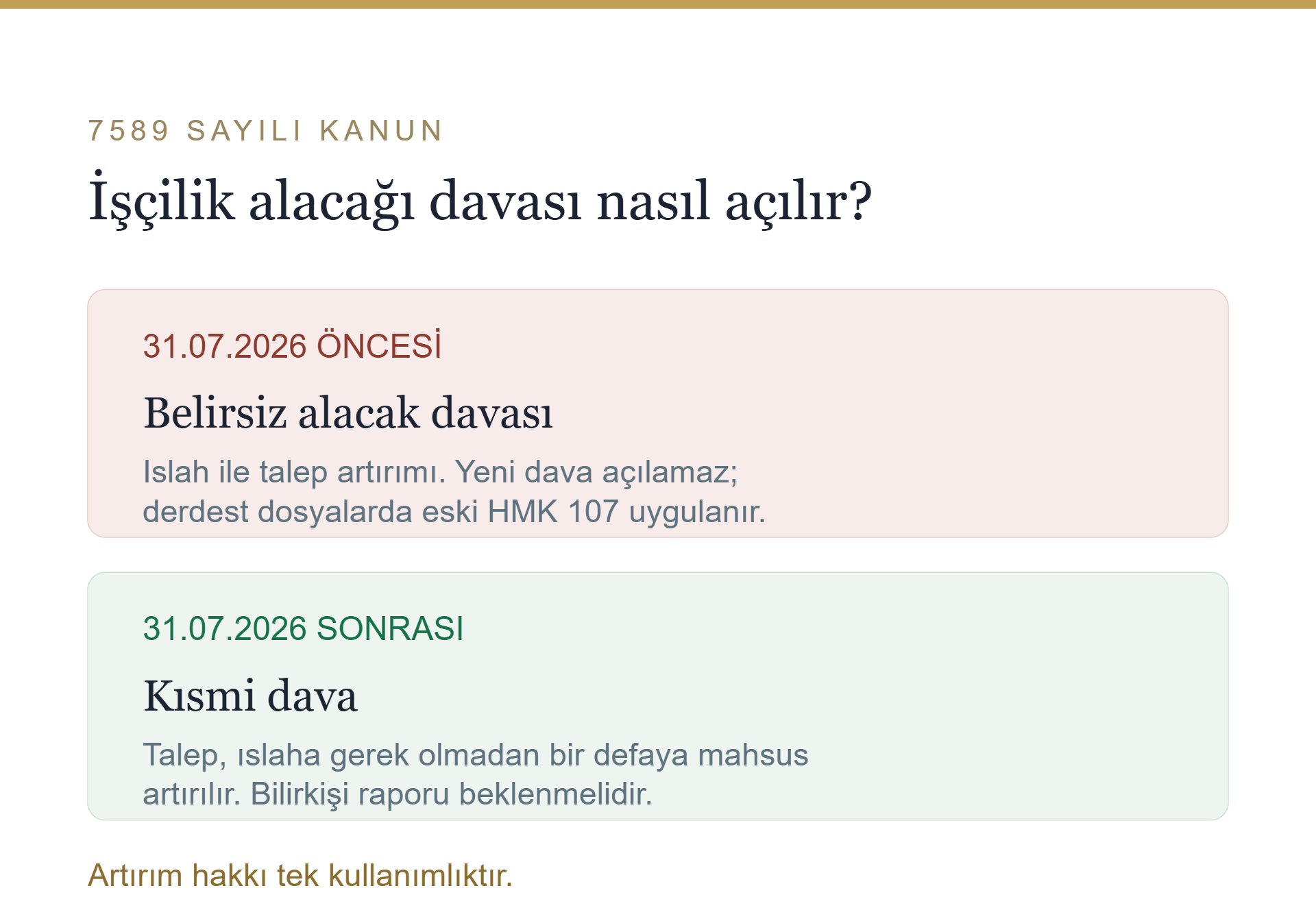 31 Temmuz 2026 öncesi belirsiz alacak davası, sonrası kısmi dava ve tek seferlik talep artırımı