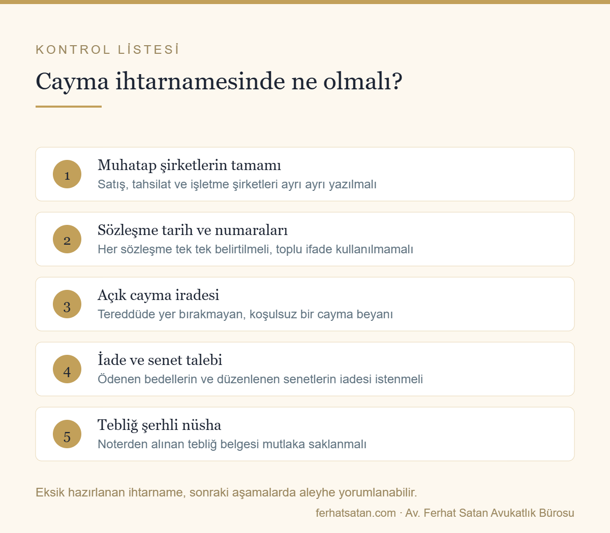Devremülk cayma ihtarnamesinde bulunması gereken unsurların kontrol listesi