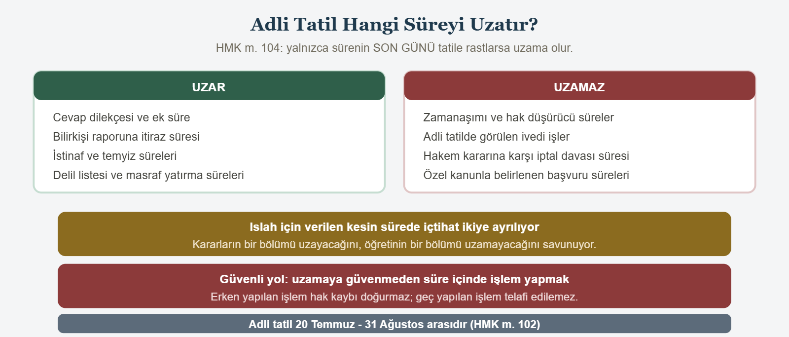 Adli Tatil Hangi Süreyi Uzatır? - HMK m. 104: yalnızca sürenin SON GÜNÜ tatile rastlarsa uzama olur.