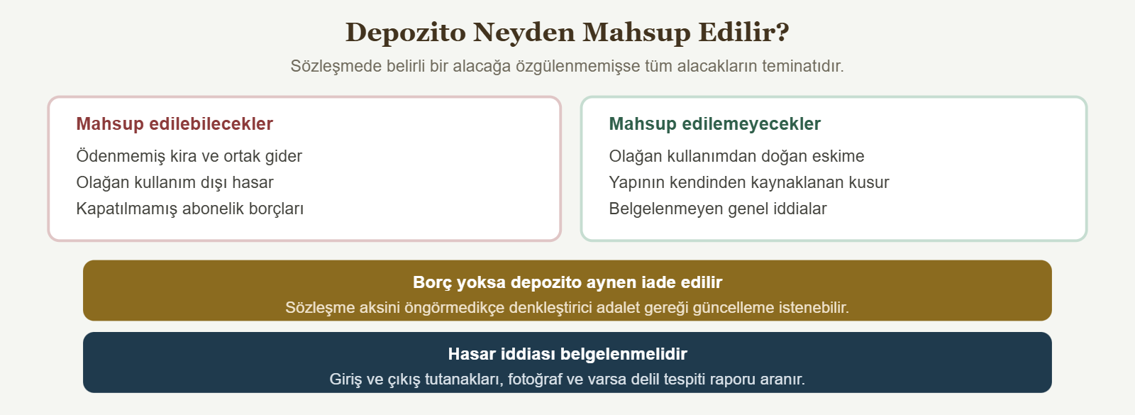 Depozito Neyden Mahsup Edilir? - Sözleşmede belirli bir alacağa özgülenmemişse tüm alacakların teminatıdır.