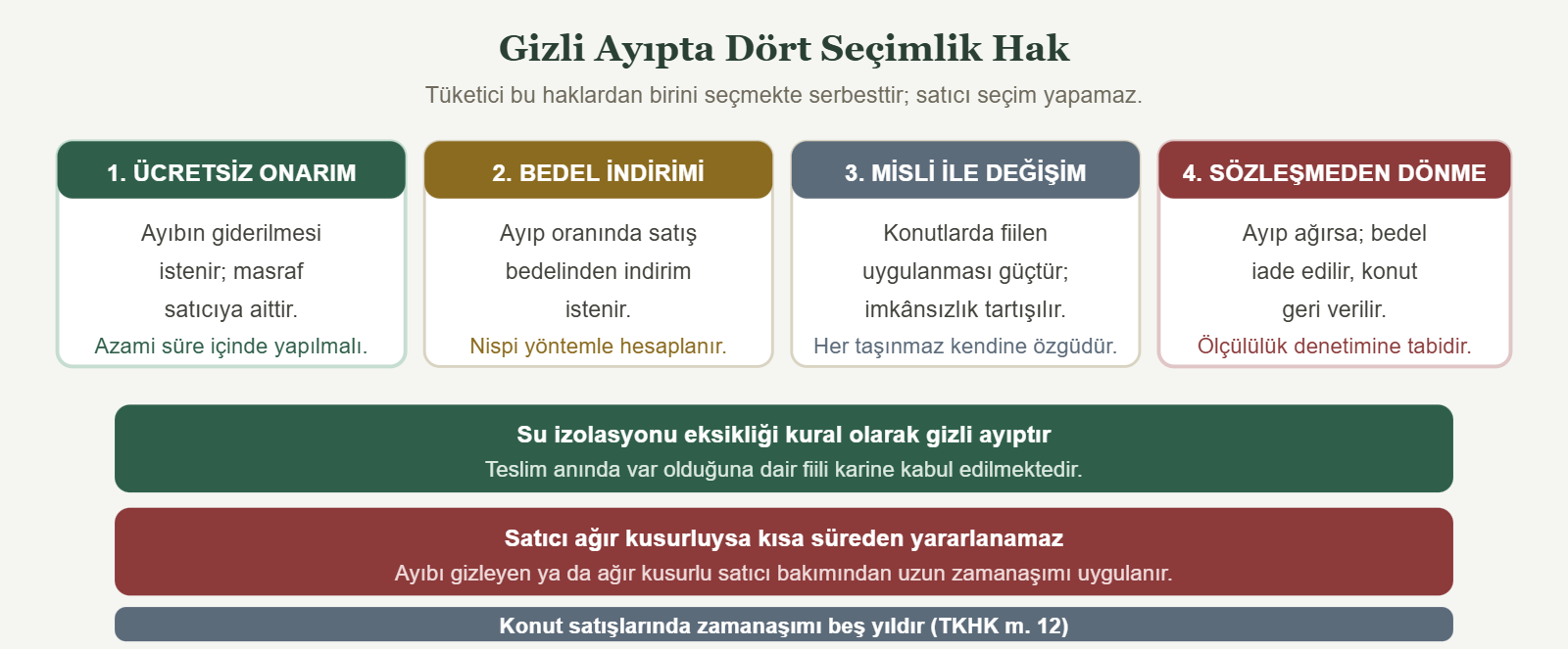 Gizli Ayıpta Dört Seçimlik Hak - Tüketici bu haklardan birini seçmekte serbesttir; satıcı seçim yapamaz.